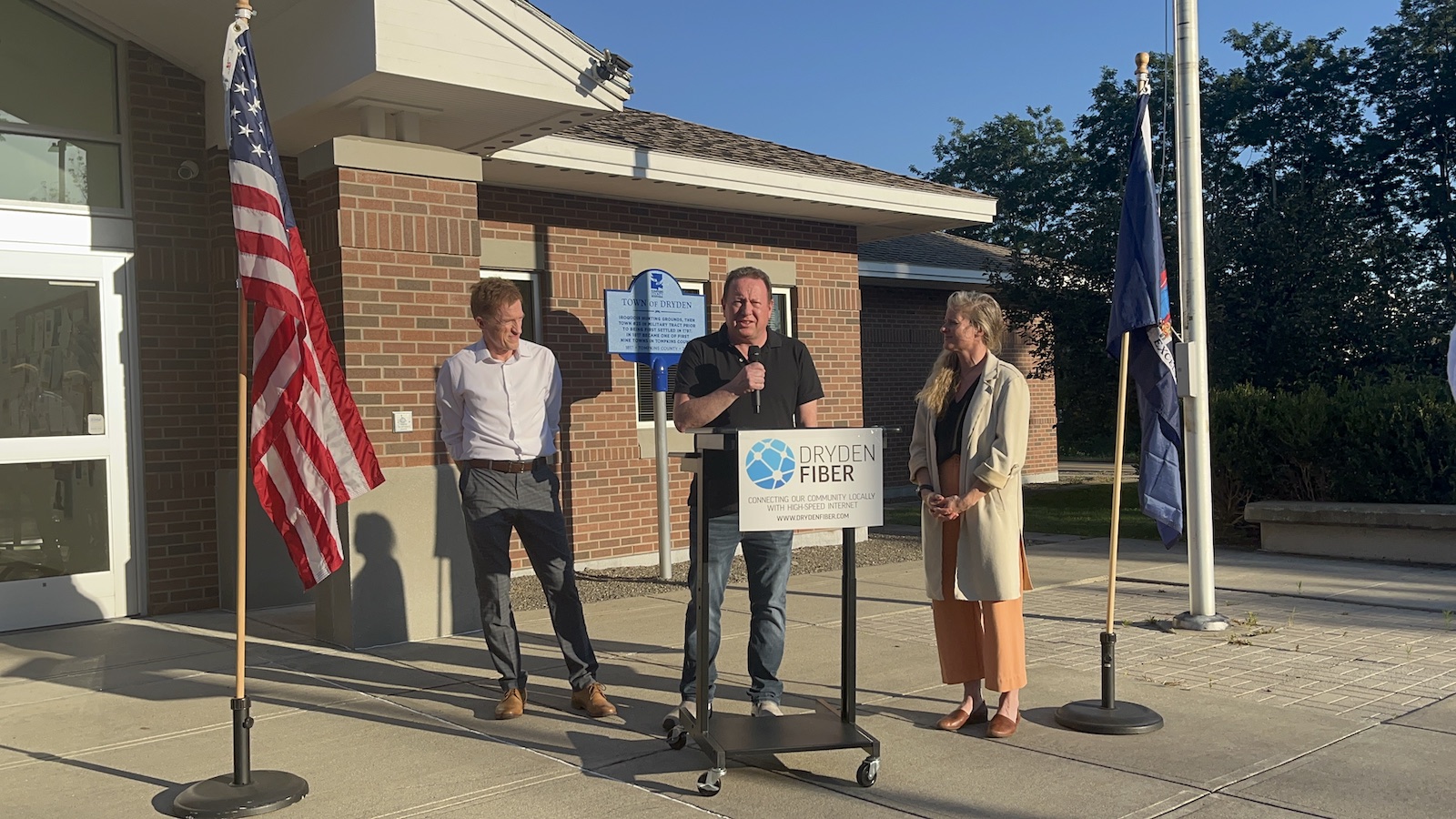 Dryden Deputy Town Supervisor Dan Lamb, NYS Assemblyperson Anna Kelles, and Dryden Town Supervisor Jason Leifer at the A1260 Broadband Bill Signed Press Conference