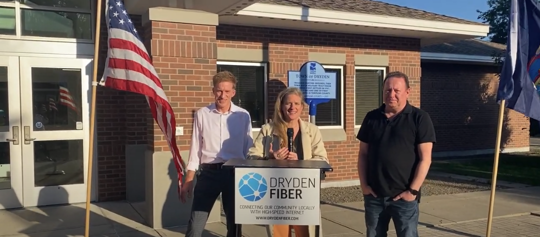 Dryden Deputy Town Supervisor Dan Lamb, NYS Assemblyperson Anna Kelles, and Dryden Town Supervisor Jason Leifer at the A1260 Broadband Bill Signed Press Conference