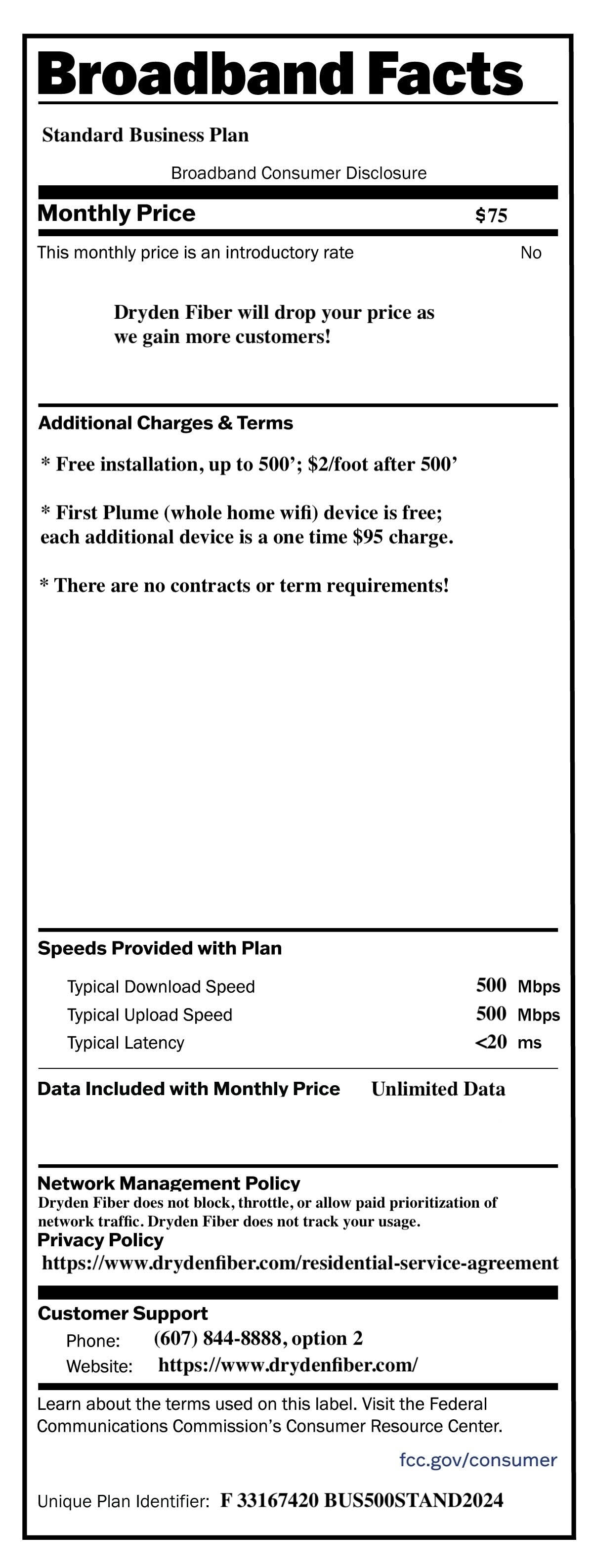 Broadband Facts for Dryden Fiber - Business Standard Plan $75