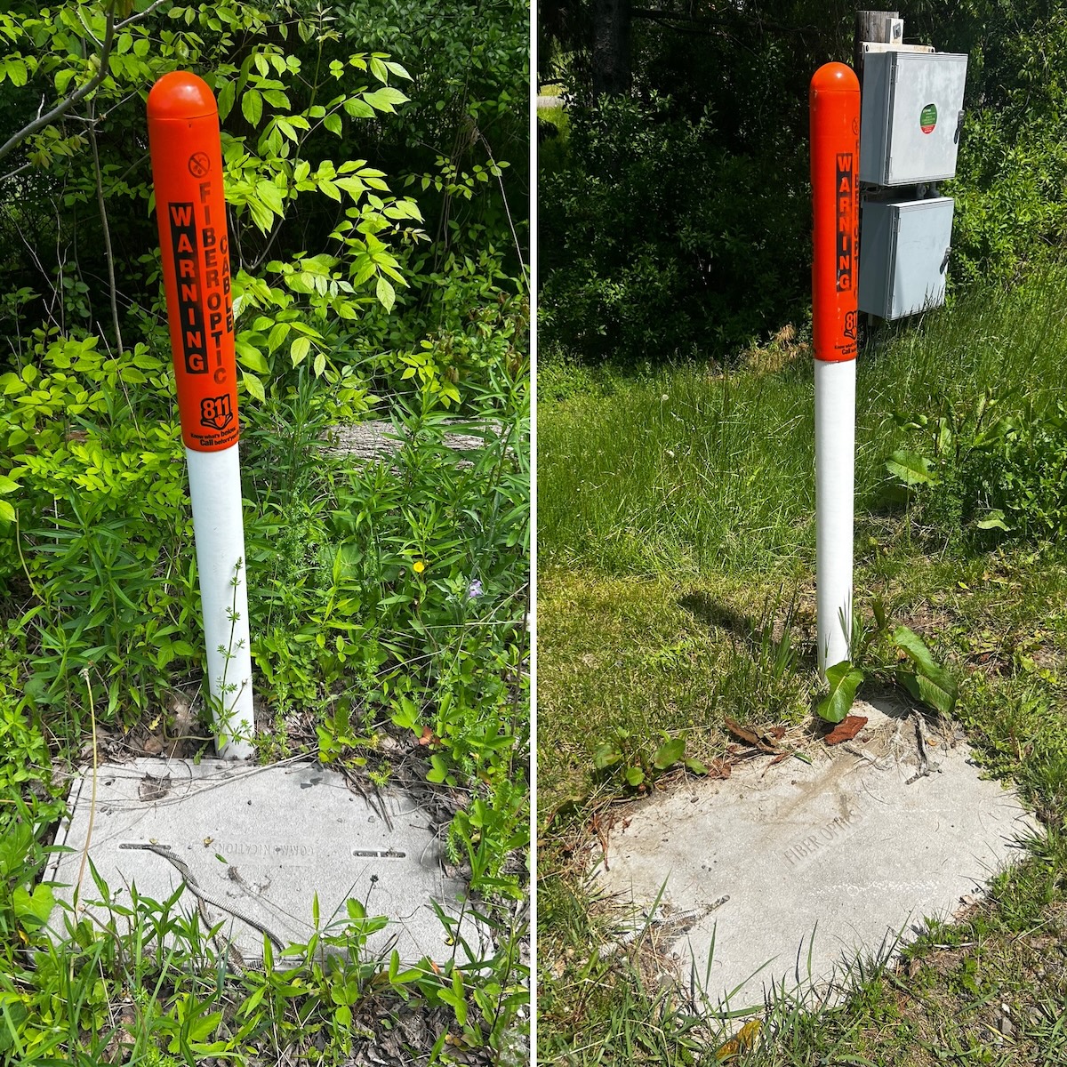 Handholes with location poles used in areas with tall grass or snow accumulation.