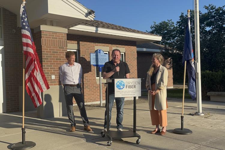 Dryden Deputy Town Supervisor Dan Lamb, NYS Assemblyperson Anna Kelles, and Dryden Town Supervisor Jason Leifer at the A1260 Broadband Bill Signed Press Conference