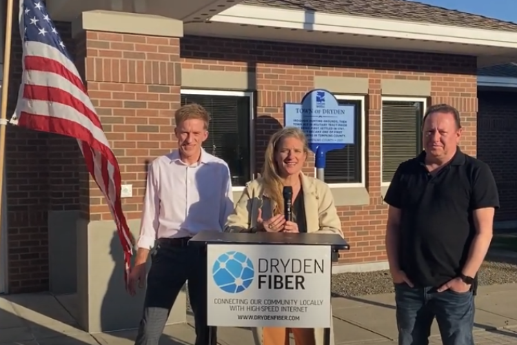 Dryden Deputy Town Supervisor Dan Lamb, NYS Assemblyperson Anna Kelles, and Dryden Town Supervisor Jason Leifer at the A1260 Broadband Bill Signed Press Conference